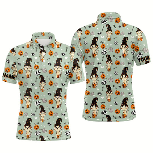 Goofygearprints Cat Seamless Halloween Pattern Green Mens Golf Polo Shirts Cute Halloween Golf Gifts For Men