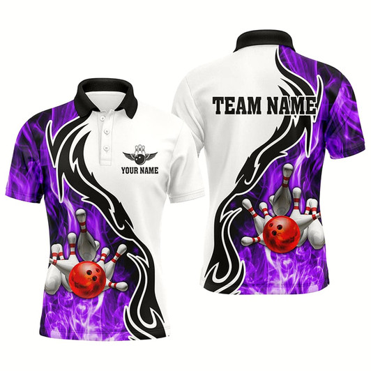 Goofygearprints Mens Polo Bowling Shirt Custom Bowling Ball Pins Strike Team League Jersey, Bowl Gifts Purple Style 1