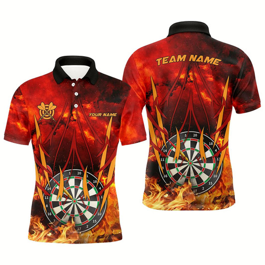 Goofygearprints Personalized 3D Darts Board On Fire Men Darts Polo Shirts Custom Name Flame Darts Shirts For Player