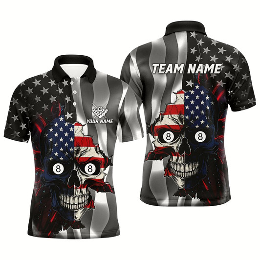 Goofygearprints Personalized Billiard Skull American Flag Men Polo Shirts Custom Patriotic Billiard Jerseys Attire