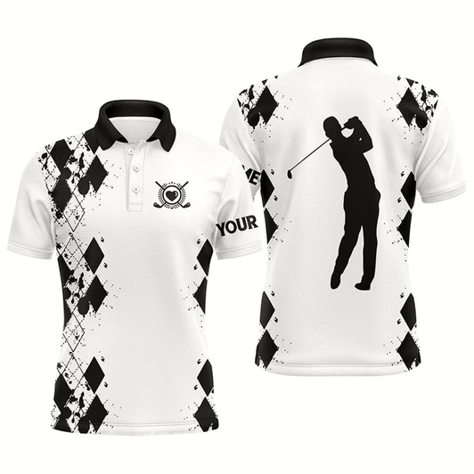 Goofygearprints Mens Golf Polos Shirts Custom Name White Golf Shirt, Golfing Gifts Black Style 1