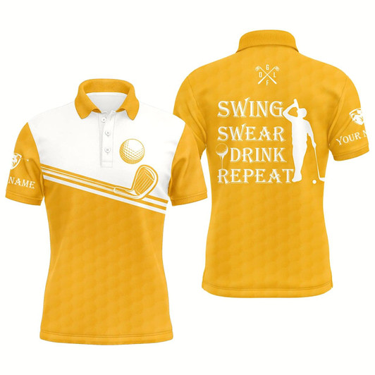 Goofygearprints Mens Golf Polo Shirt Swing Swear Drink Repeat Custom Name Yellow And White Golf Tops For Mens