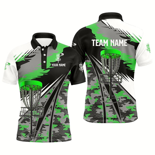 Goofygearprints Mens Disc Golf Polo Shirts Custom Green Camo Disc Golf Basket Disc Golf Outfit, Team Disc Golf Apparel Style 1