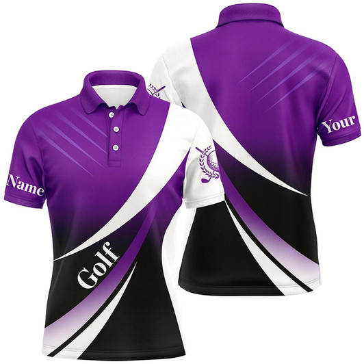 Goofygearprints Mens Golf Polo Shirts Custom Name Purple And White Golf Shirt, Tournament Golf Tops For Mens Style 2