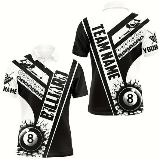 Goofygearprints Custom Black White Cracky Billiard 8 Ball Pool Men Polo Shirts, Unique Pool Balls Shirts For Team