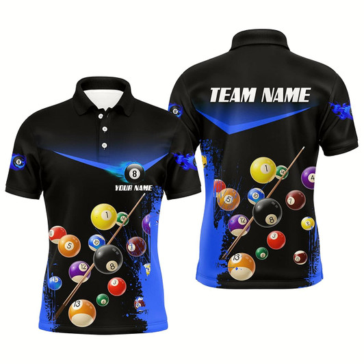 Goofygearprints Personalized Custom Grunge Blue 8 Ball Pool Men Polo Shirts Name 3D Billiard Shirts For Pooler