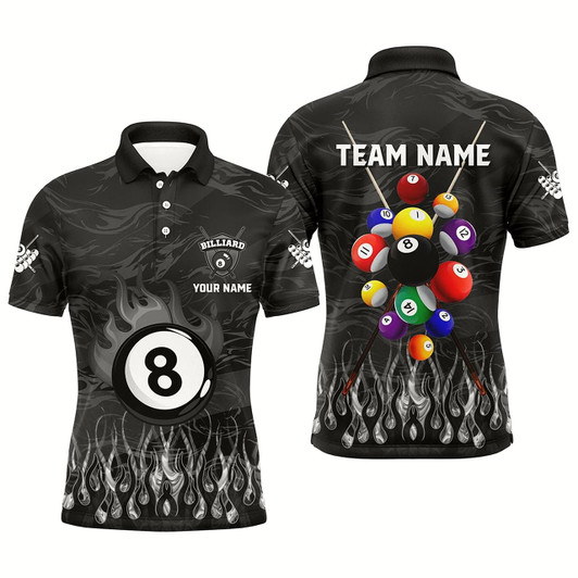 Goofygearprints Personalized Fire Flame 3D Billiard Balls Men Polo Shirts Custom Black Billiard Jersey Attire