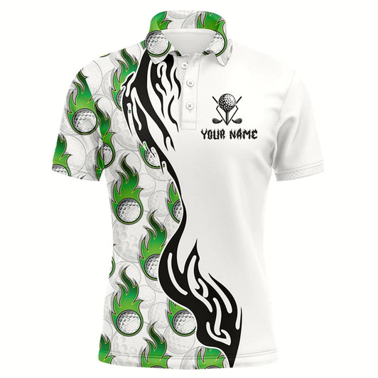 Goofygearprints White And Green Flame Golf Ball Pattern Mens Golf Polo Shirts Custom Men'S Golf Outfits For Team