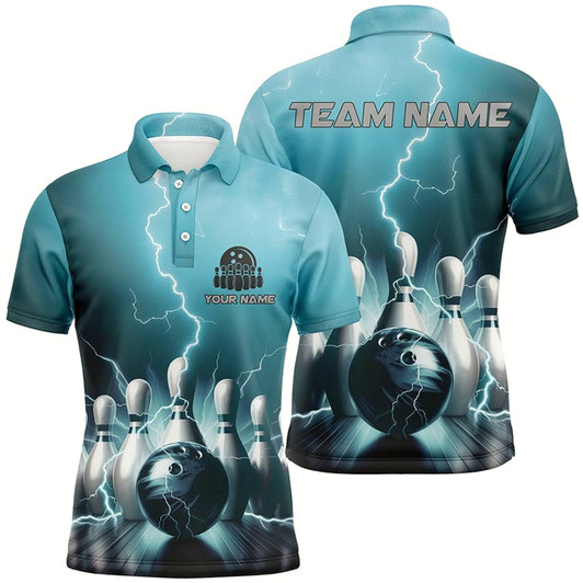 Goofygearprints Personalized Blue Thunder Lightning Men Polo Bowling Shirts Strike Bowling Team Jerseys Outfits Style 1