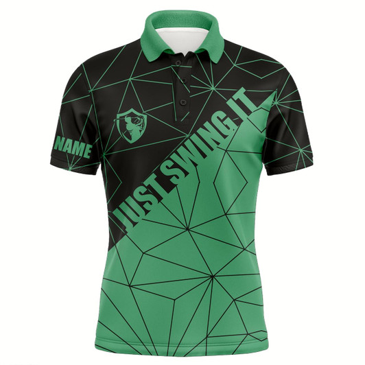 Goofygearprints Mens Golf Polos Shirts Just Swing It Custom Name Green Geometric Pattern Golf Shirts For Men Style 1