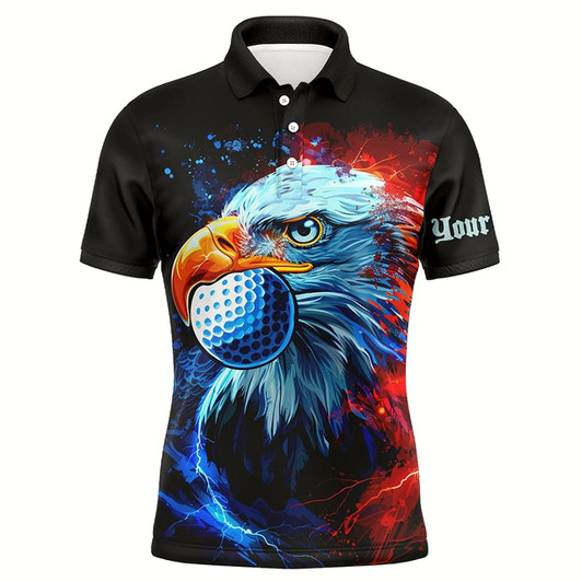 Goofygearprints Mens Golf Polo Shirts Custom Red And Blue Eagle Golf Ball Black Golf Tops, Team Golf Attire For Mens Style 2