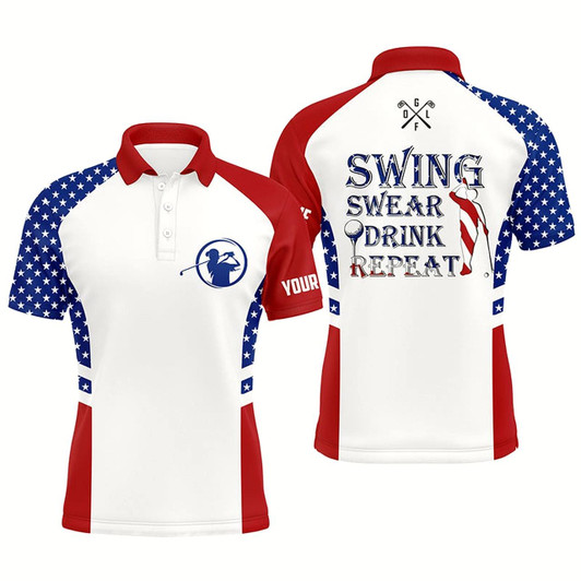 Goofygearprints Mens Golf Polo Shirt Swing Swear Drink Repeat Custom Name American Flag Patriotic White Golf Shirt