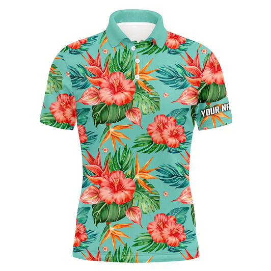 Goofygearprints Mens Golf Polos Shirts Custom Green Tropical Flower Hibiscus Pattern Golf Tops For Mens Style 1