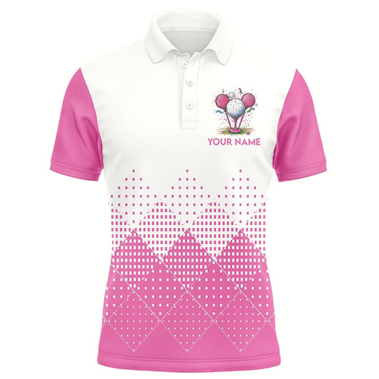 Goofygearprints Personalized White And Pink Argyle Plaid Pattern Men'S Custom Golf Shirts, Golf Gifts For Men
