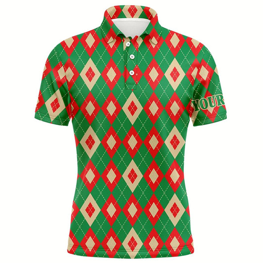 Goofygearprints Green And Red Christmas Argyle Pattern Mens Golf Polo Shirt Custom Best Mens Golf Wear, Golfing Gifts Style 1