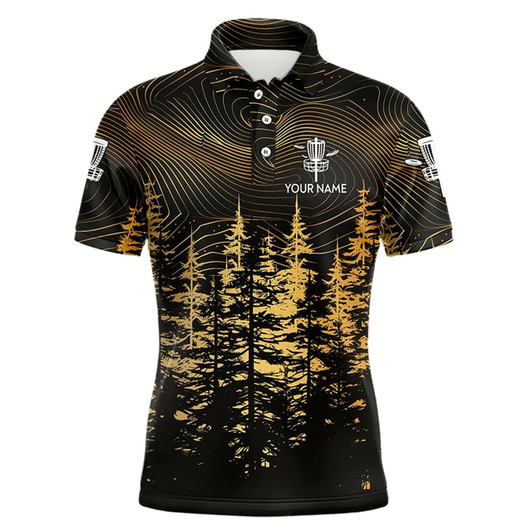 Goofygearprints Black And Gold Forest Mens Disc Golf Polo Shirts Custom Disc Golf Apparel, Best Gifts For Disc Golfers