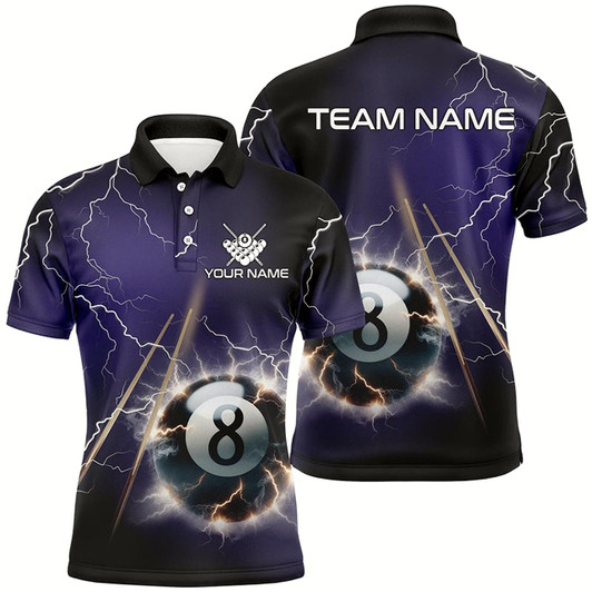Goofygearprints Personalized Thunder Lighting Purple 8 Ball Billiard 3D Polo Shirts For Men, Pool Balls Jerseys Style 1