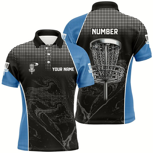 Goofygearprints Black Camo Mens Disc Golf Polo Shirts Custom Team Disc Golf Basket Jerseys, Unique Golf Gifts Blue