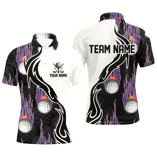 Goofygearprints Personalized Fire Golf Ball Flames Mens Golf Polo Shirts, Golf Shirts For Men, Golfing Gifts Style 3