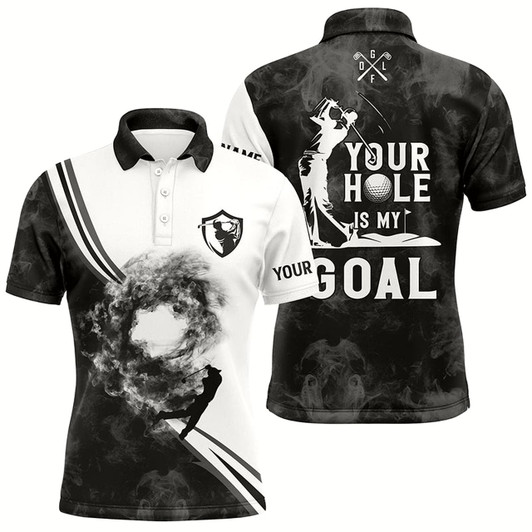 Goofygearprints Your Hole Is My Goal Custom Name Black And White Smoke Mens Golf Polo Shirt, Best Mens Golf Apparel Style 2
