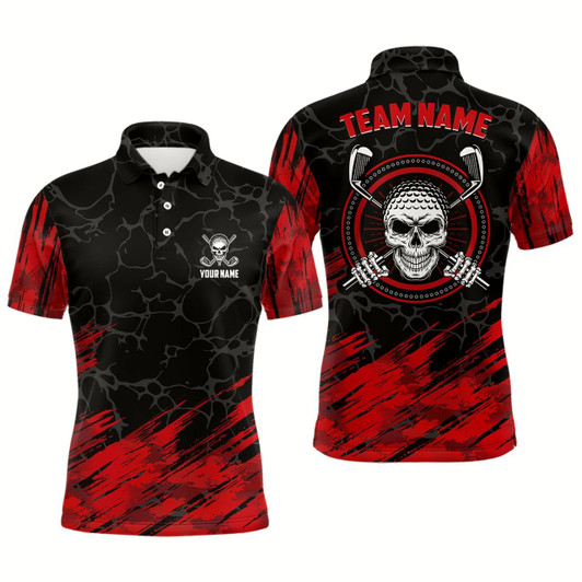 Goofygearprints Personalized 3D All Over Print Skull Mens Golf Polo Shirt, Red And Black Golf Shirts For Men Style 2