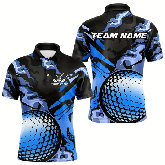 Goofygearprints Black And Blue Camo Golf Ball Mens Golf Polos Shirts Custom Mens Golf Clothing, Gifts For Golfer Style 2