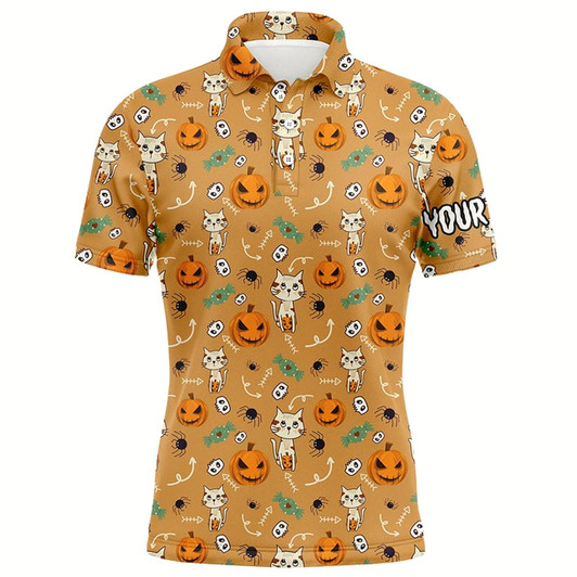 Goofygearprints Cat Seamless Halloween Pattern Orange Mens Golf Polo Shirts Cute Funny Golf Gifts For Men