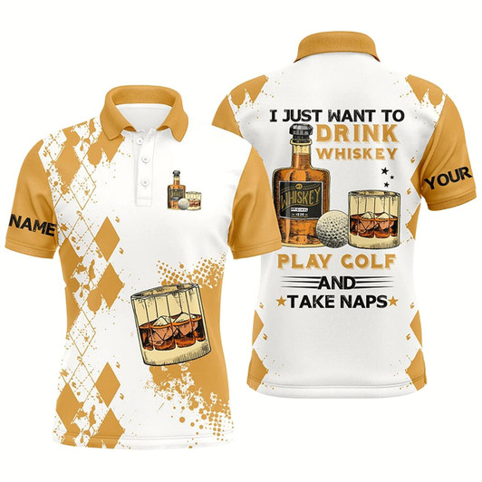 Goofygearprints I Just Want To Drink Whiskey Golf Mens Polo Shirts Customized Yellow Argyle Golf Shirts For Men