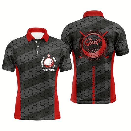 Goofygearprints Personalized Red And Black Mens Golf Polo Shirts Golf Polos For Men, Cool Golf Gifts