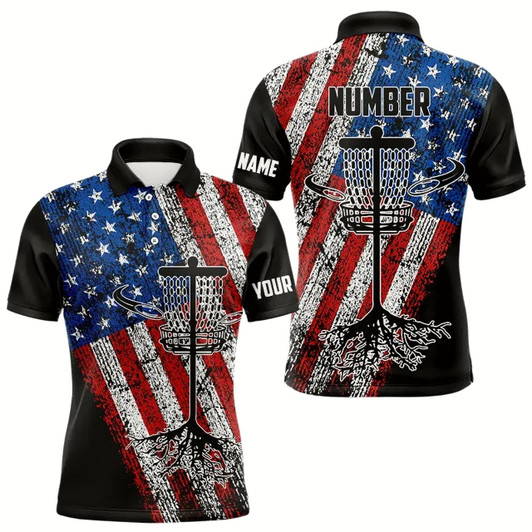 Goofygearprints Vintage American Flag Mens Disc Golf Polo Shirts Custom Name And Number Patriotic Disc Golf Apparel