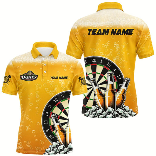 Goofygearprints Personalized Yellow Darts And Beer Polo & Quarter-Zip Shirts For Men Custom Drinking Darts Shirts