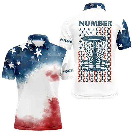 Goofygearprints Watercolor American Flag Mens Disc Golf Polo Shirts Custom Name And Number Patriotic Disc Golf Jersey