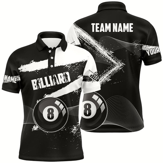 Goofygearprints Personalized Custom Ball 8 Black Grunge Billiard Polo Shirts For Men, 8 Ball Pool Billiard Jerseys Style 2