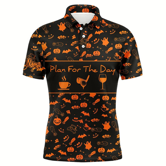 Goofygearprints Black Orange Halloween Background Custom Mens Golf Polo Shirts Plan For The Day Coffee Golf Wine Style 1
