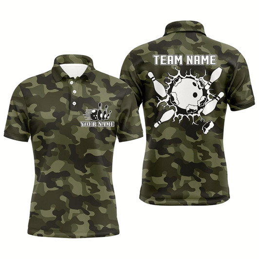 Goofygearprints Bowling Polo Shirts For Men Custom Bowling Ball And Pins Green Camo Men'S Bowling Team Jersey
