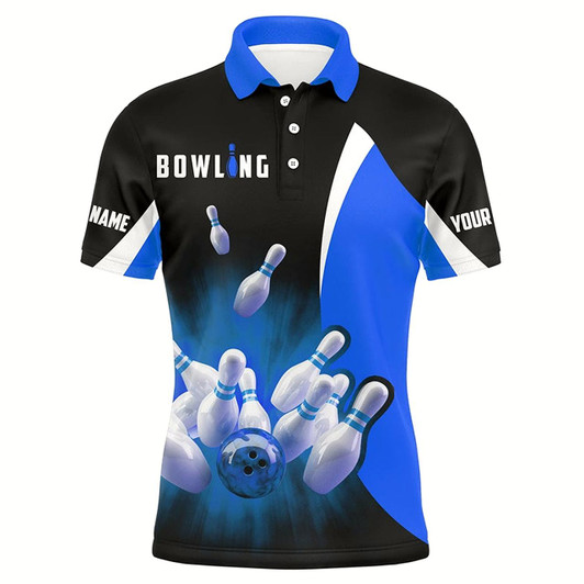 Goofygearprints Custom Bowling Shirts Retro Black Blue Bowling Polo Shirts For Men, Bowling Team Jersey Style 2