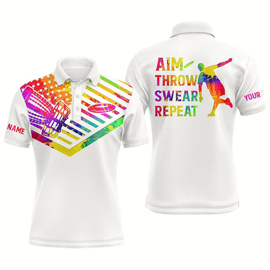 Goofygearprints Mens Disc Golf Polo Shirt Watercolor American Flag Custom Name Disc Golfer Aim Throw Swear Repeat