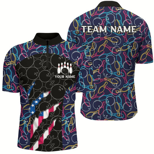 Goofygearprints Personalized Bowling Camo American Flag Bowling Team Shirts For Men, Patriotic Bowler Outfits
