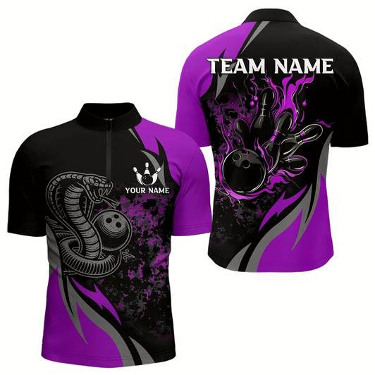 Goofygearprints Black And Purple Flame Cobra Snake Bowling Shirts For Men Custom Name Bowling Team League Shirt