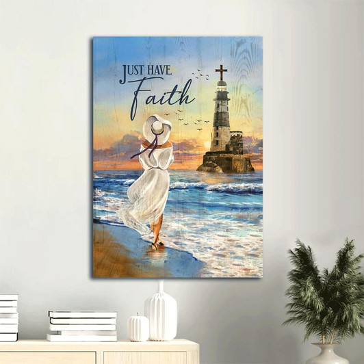 Canvas Wall Art Featuring A Beautiful Girl By A Lighthouse With A Seagull And The Message Just Have Faith Christian