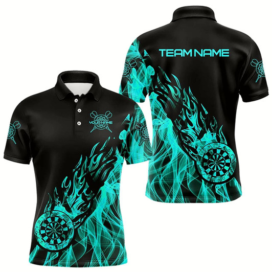 Goofygearprints Black And Turquoise Fire Flame Darts Polo & Quarter Zip Custom Dart Shirt For Men Dart Jerseys Style 1