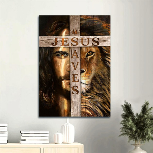 Canvas Wall Art Depicting Jesus Saves With The Lion Of Judah And A Wooden Cross Christian Gift