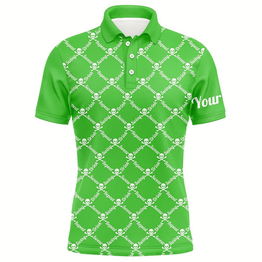 Goofygearprints Mens Golf Polo Shirt Swing Swear Drink Repeat Golf Skull Custom Name Golf Wear For Mens Green
