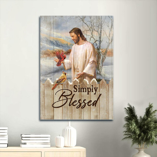 Canvas Wall Art Featuring A Jesus Painting With A Cardinal In A Winter Forest And The Message Simply Blessed Christian