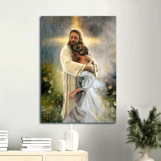 Canvas Wall Art Featuring Jesus Hugging In A Daisy Field Embraced In The Arms Of God Christian Gift