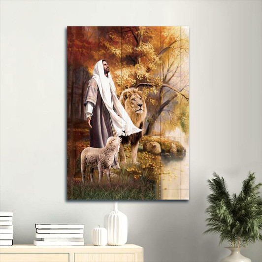 Canvas Wall Art Featuring Jesus As The Animal Of God With A Stunning Lion White Lamb And Autumn Forest Christian Gift