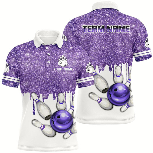 Goofygearprints Personalized Purple Glitter Bowling Shirts For Men Custom Team Bowling Jerseys, Bowling Uniform