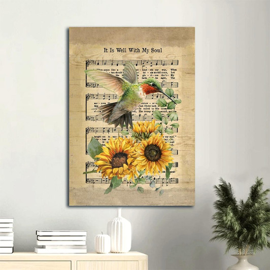 Canvas Wall Art Featuring A Hummingbird Brilliant Sunflower Music Sheet And The Message It Is Well With My Soul