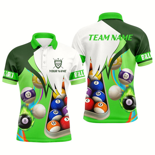 Goofygearprints Personalized Green 3D Billiard Balls Polo Shirts For Men, Custom Pool Billiard Team Shirts