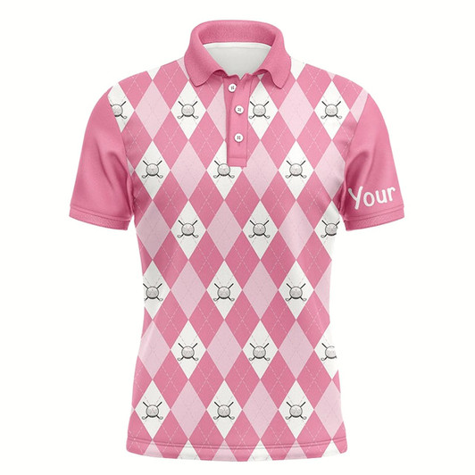 Goofygearprints Personalized Pink Argyle Plaid Pattern Mens Golf Polos Shirts Custom Golf Shirts For Men, Golf Gifts Style 1